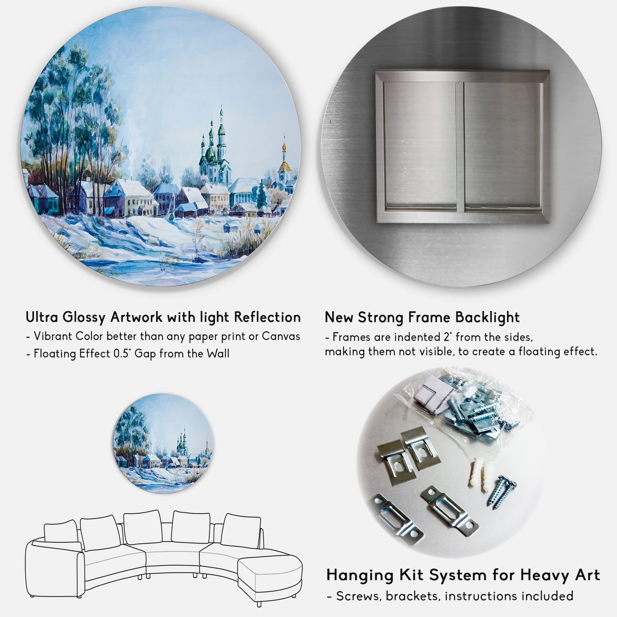 Designart 'Small Town Covered In Snow In Winter Times' Traditional Circle Metal Wall Art 36x36 - Disc of 36