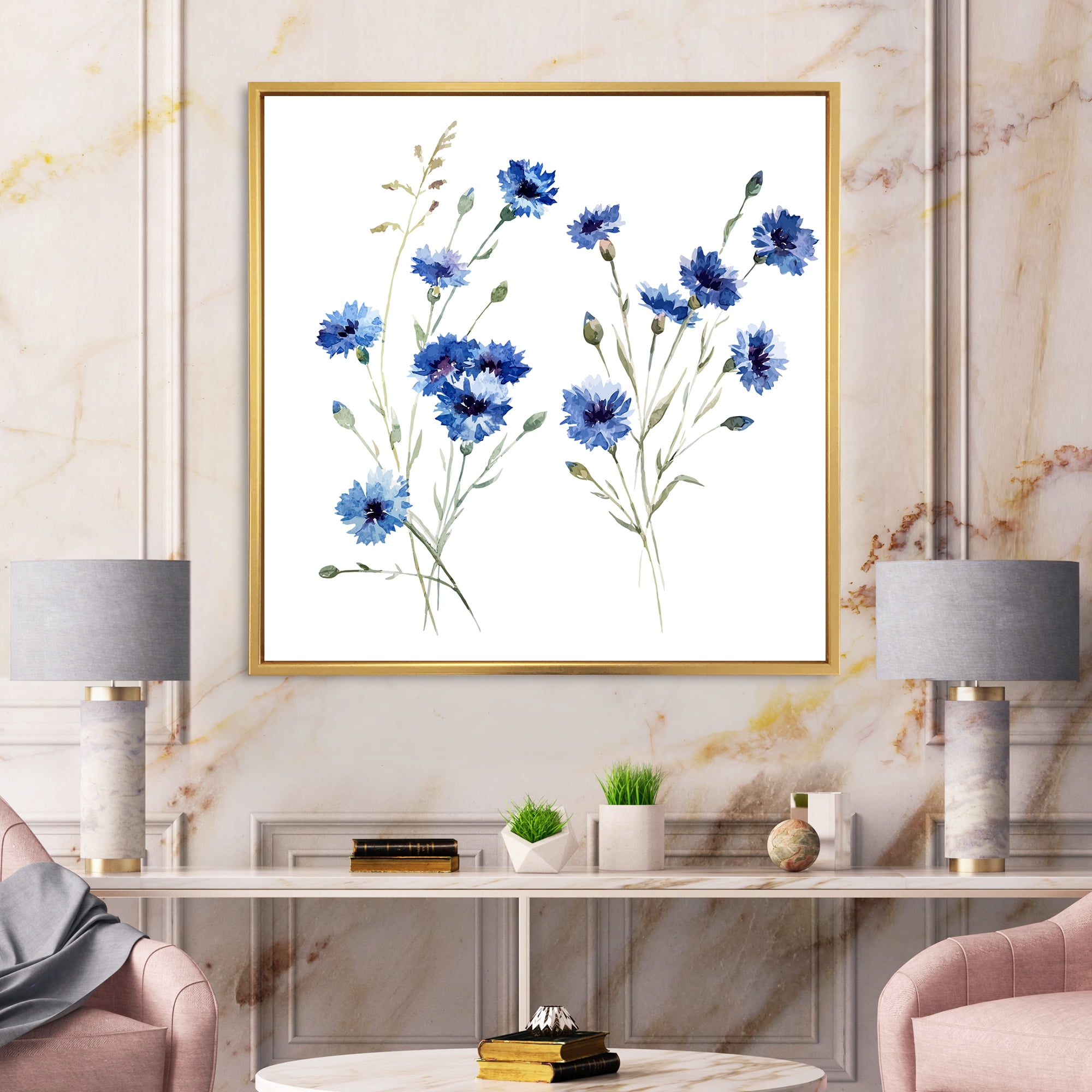 Designart 'Blue Cornflowers With Green Leaves On White III' Traditional Framed Canvas Wall Art Print