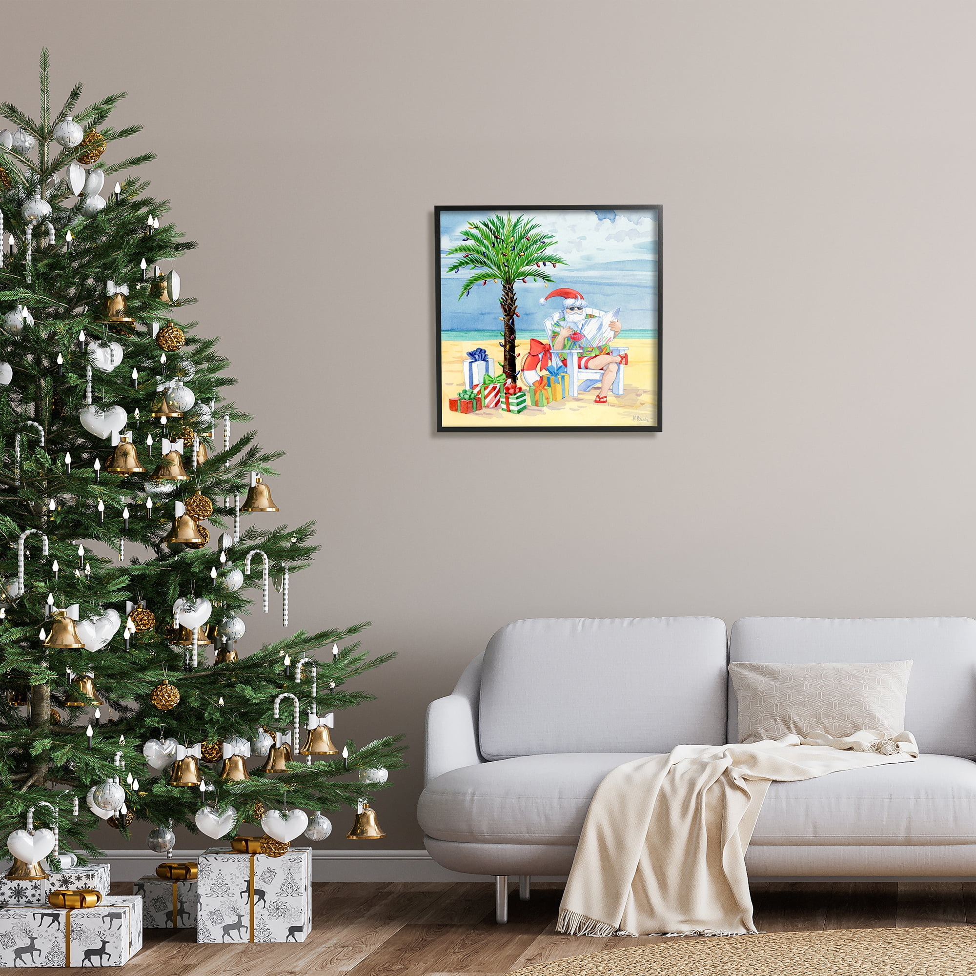Stupell Industries Santa Claus on Beach Holiday Painting Black Framed Art Print Wall Art, 24 x 24