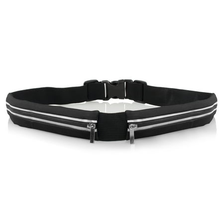 Trail Runner Belt Water Resistant Double Pocket Runner Fitness Belt with Reflective Stripe. Exercise Fanny Waist Pack. Keys, iPhone, Money, Credit Cards, Runner Accessories Storage Belt ()