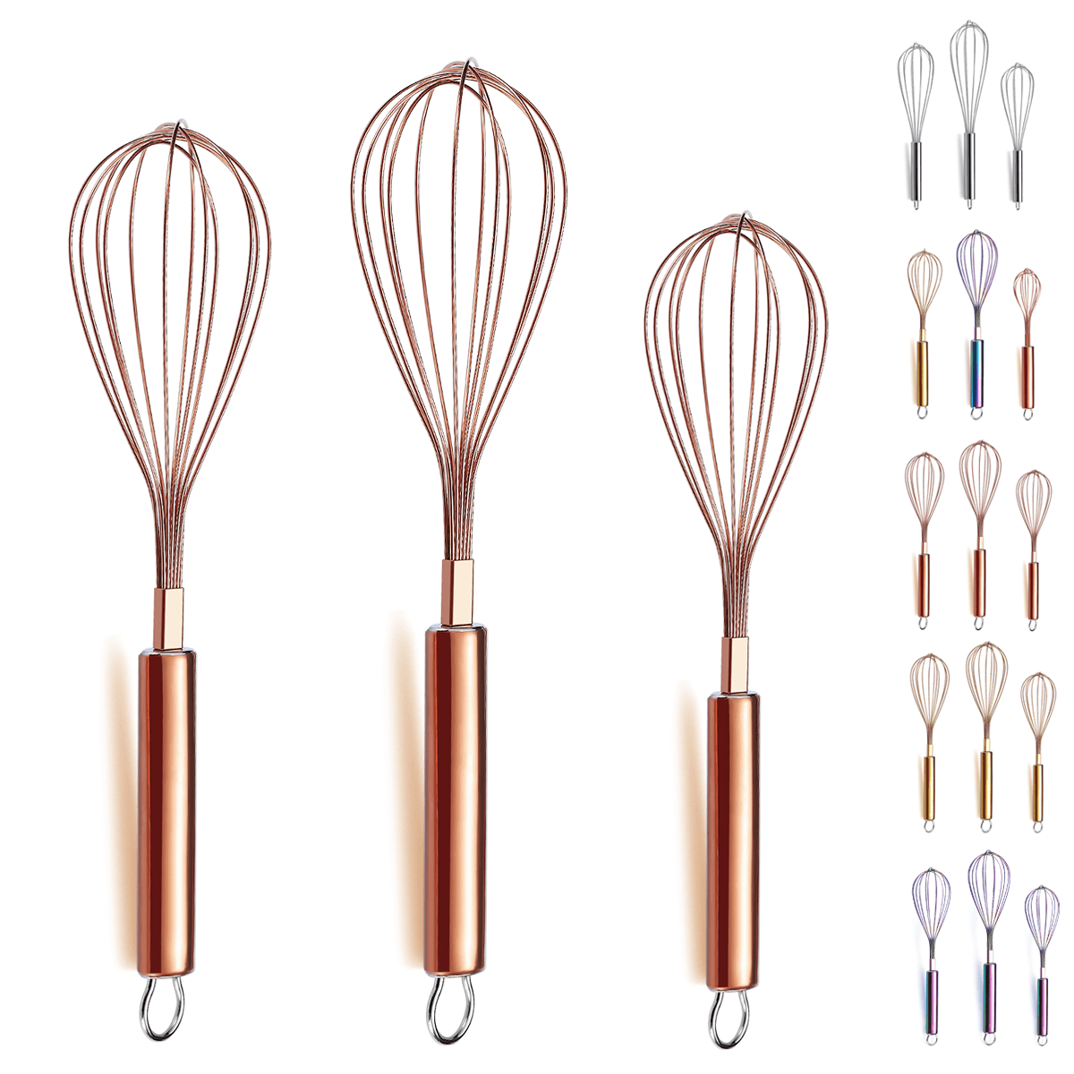 ReaNea Rose Gold Whisk Set Pack of 3 Stainless Steel 8" 10" 12" Whisks