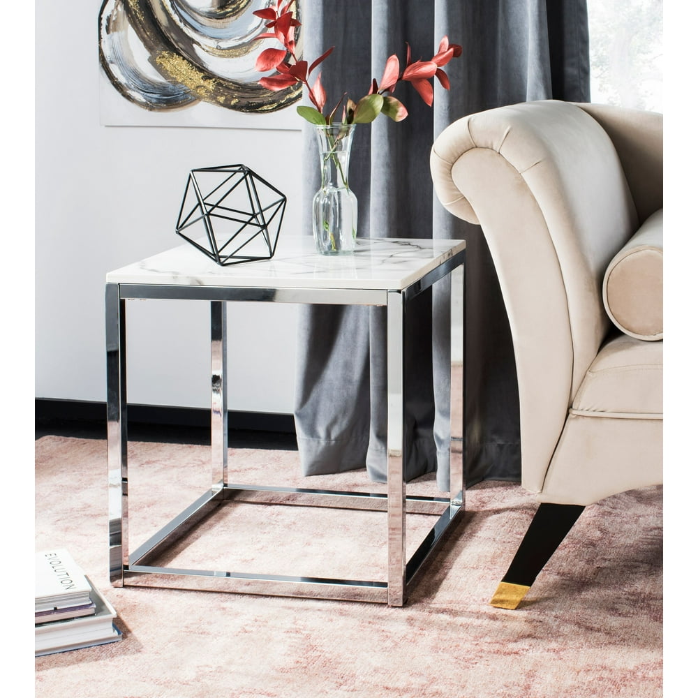 Safavieh Bethany Square Modern Glam End Table, White Marble/Chrome