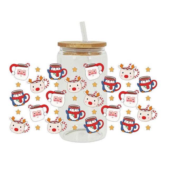 Wartleves Pegatinas de transferencia de DTF con rayos ultravioleta de Feliz Navidad, diseño de dibujos animados, 3D, coloridas, para vasos, tazas, calcomanías, tazas, U4z6, resistentes al agua
