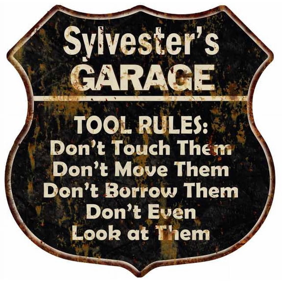 Sylvester's Garage Tool Rules Sign Shield Metal Gift 211110003501