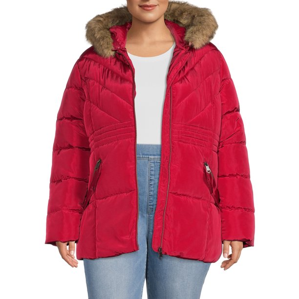 Big Chill Women's Plus Size Quilted Puffer Jacket with Faux Fur Trim