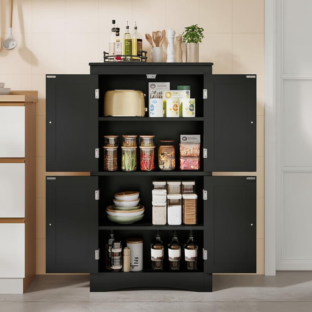 Aiho 43" Bathroom Storage Cabinet, Freestanding Cabinet with 4 Doors & 3 Adjustable Shelves for Bathroom - Black