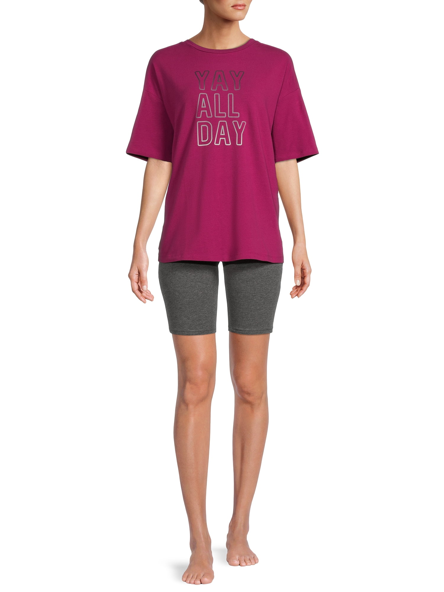 Secret Treasures Women's and Women's Plus Short Sleeve T-Shirt and Bike Shorts, 2-Piece Pajama Set