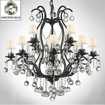 - Wrought Iron Empress Crystal (tm) Chandelier Lighting Dressed With Crystal Balls And White Shades