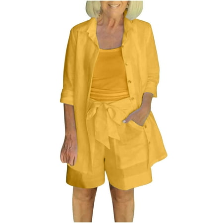 

Juebong Women s Solid Lapel Long Sleeve Shirt 3 Piece Suit Dressy Blouse with Sleeveless Camisole Tops + Shorts Pants Set Yellow suits sets size XXL