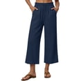 thumbnail image 3 of Lumtrix Womens Cotton Linen Wide Leg Pants Casual Zipper Front Summer Cropped Trousers Dressy Pants with Pockets Navy M, 3 of 7