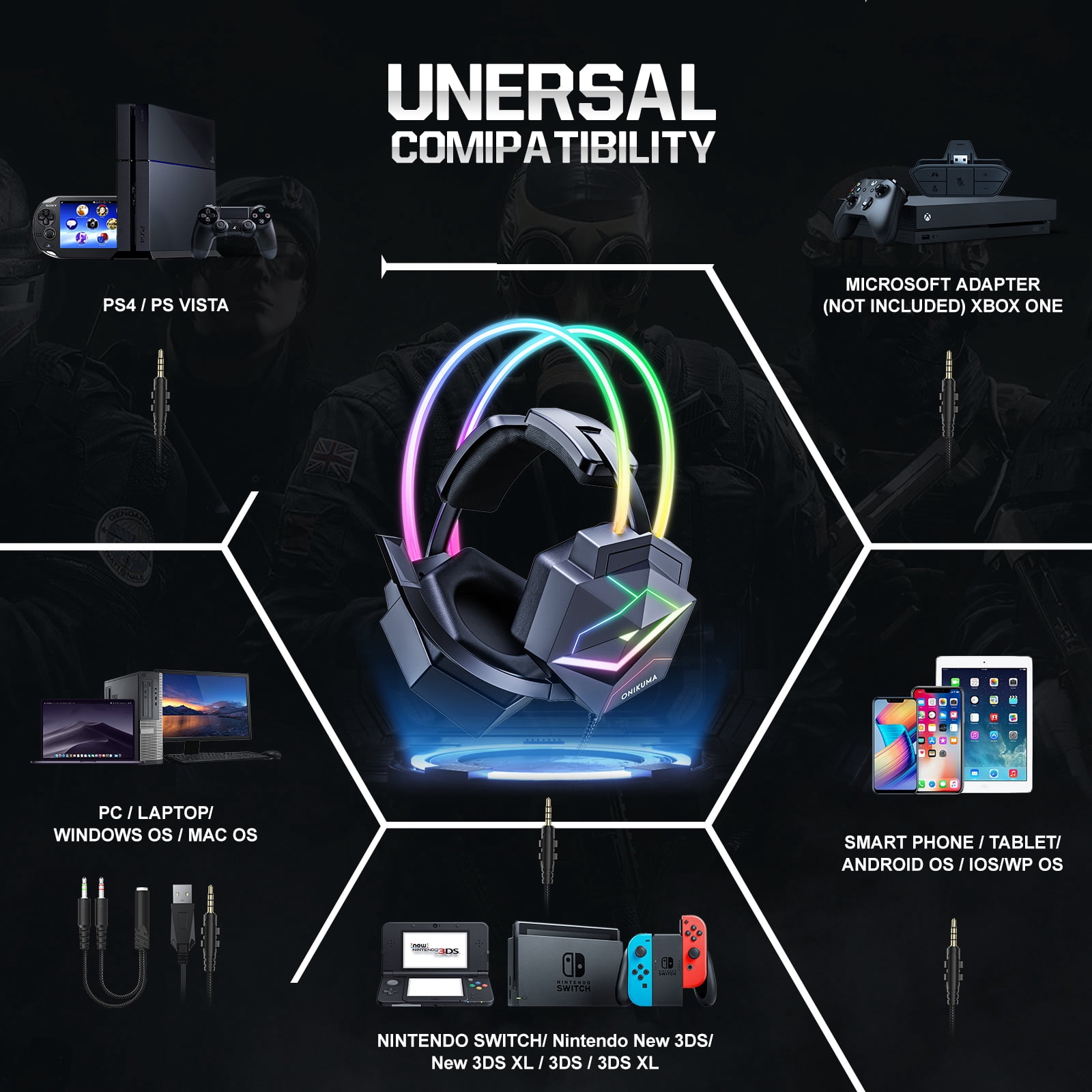 Siivton Gaming Headset with Microphone, Compatible with PS4 PS5 Xbox One PC Laptop Nintendo Series X|S, Over-Ear Headphones with LED Light, Noise Canceling Mic, 7.1 Stereo Surround Sound