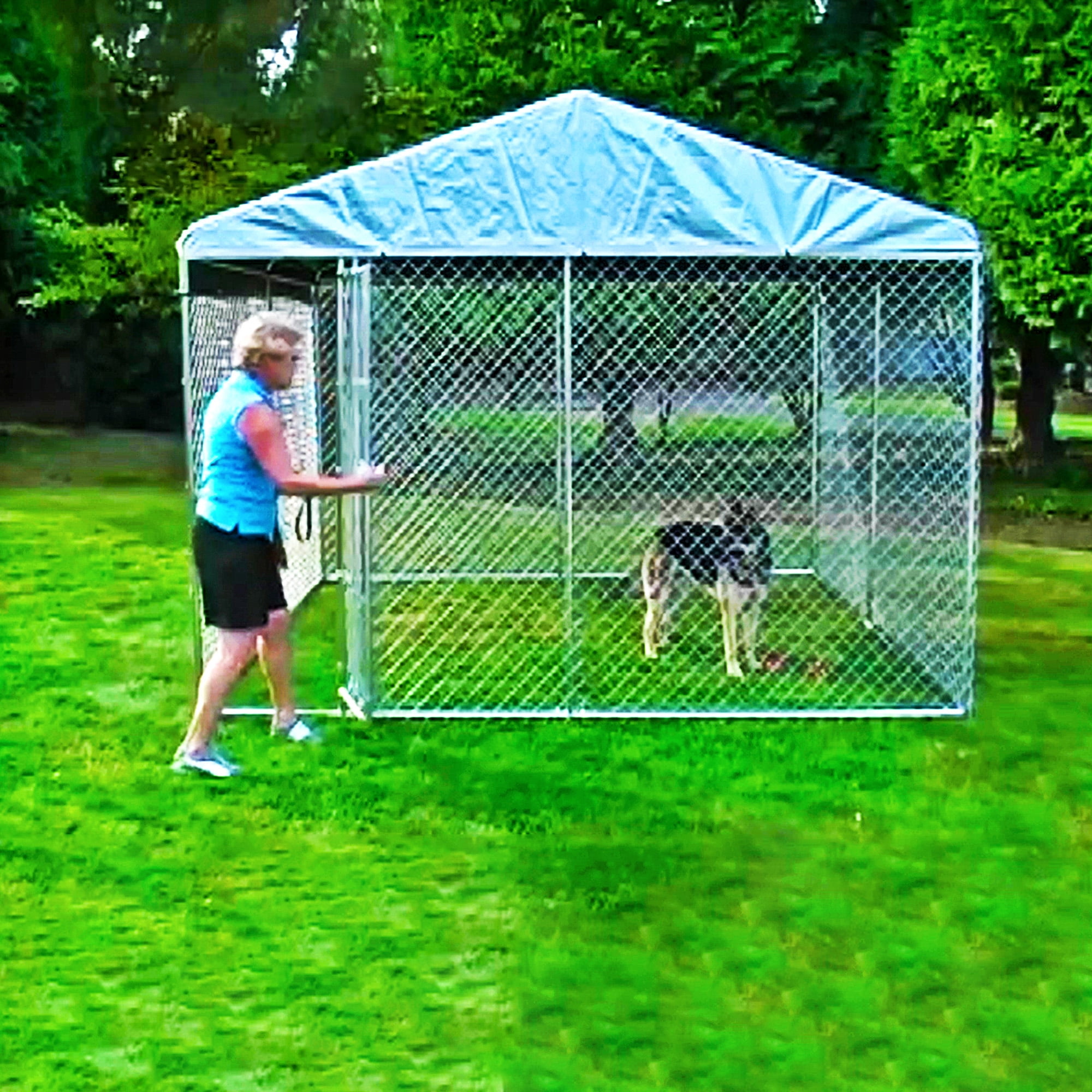 Lucky Dog Outdoor Chain Link Dog Kennel with Cover, Silver, 10'L x 10'W x 6H, 2 Pack