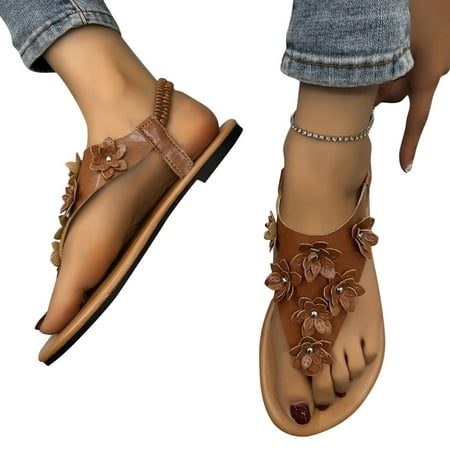 

AXXD Women Brown Sandals Clearance Under $10 Summer Glamorous Outdoors T-strap Flat Sandals Flower Decor Toe Post Thong Sandals