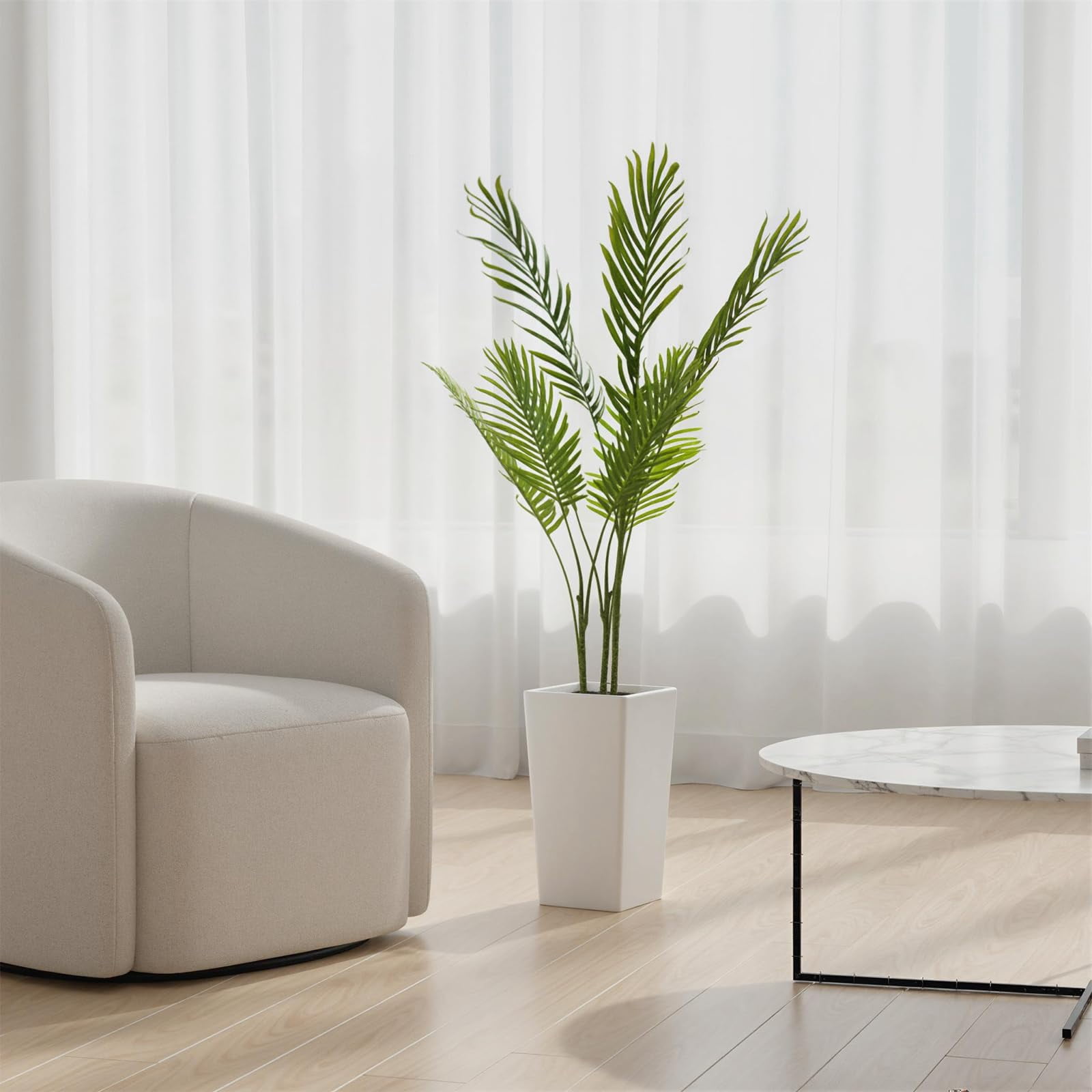 Accreate Artificial Palm Tree, Tall Faux Tropical Areca Plants with White Tall Planter, Fake Potted Tree with Lifelike Leaves for Indoor Living Room Bedroom Home Office Decor