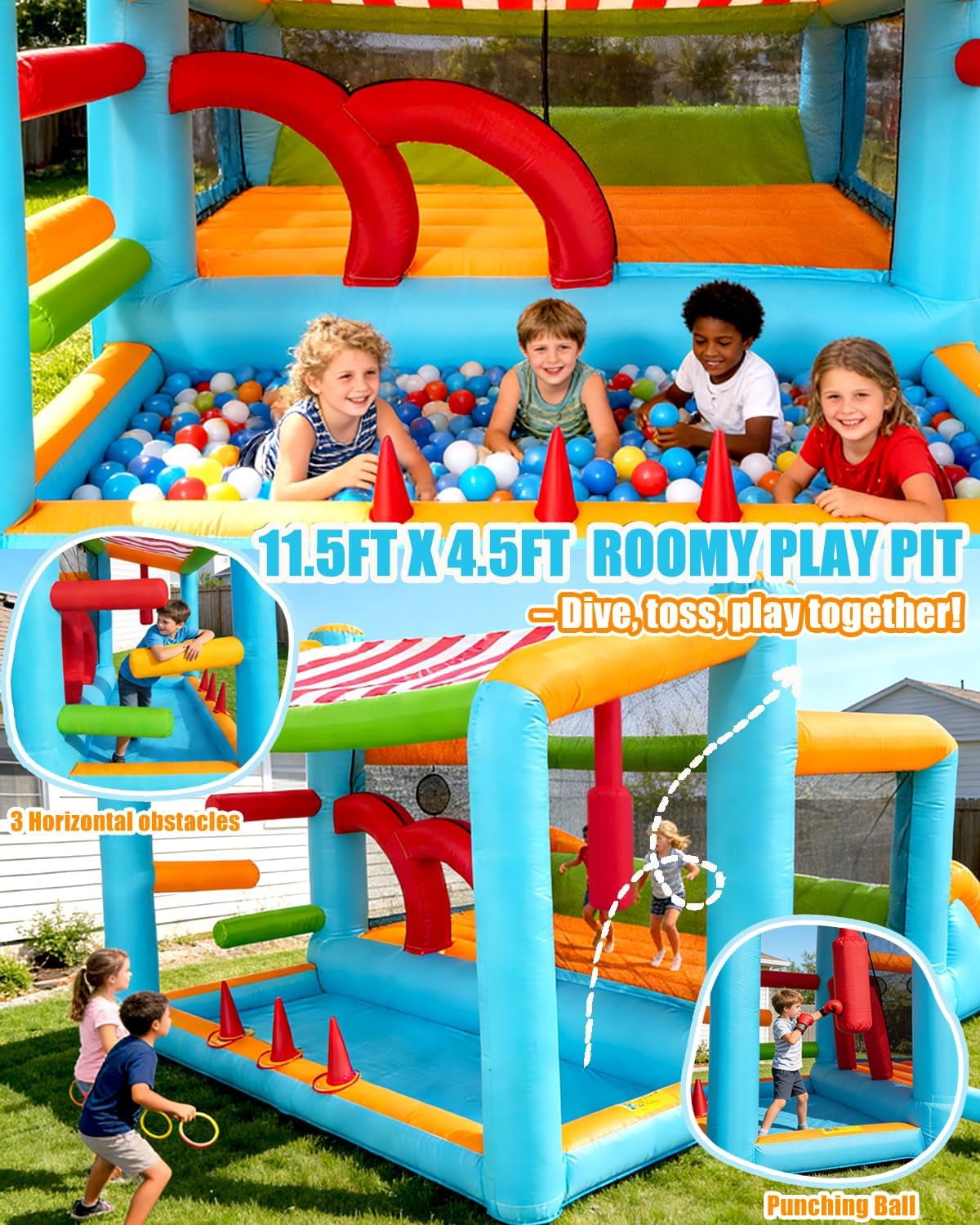 Veeboto Inflatable Bounce House 9-in-1 Multi-Functional, Water Slide with Ball Pool, Darts, Ring Toss, Punching Bag, and Obstacle Course, Indoor/Outdoor Kids Bouncy Castle Includes Blower