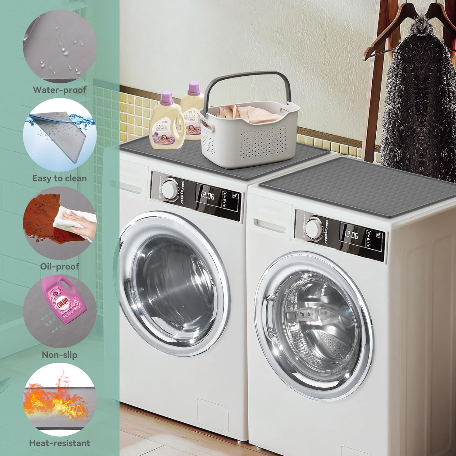 2-Pack Silicone Washer & Dryer Top Covers, 23.6"x23.6", Non-Slip Waterproof Washable Top Protector Mats for Laundry & Kitchen (Gray)