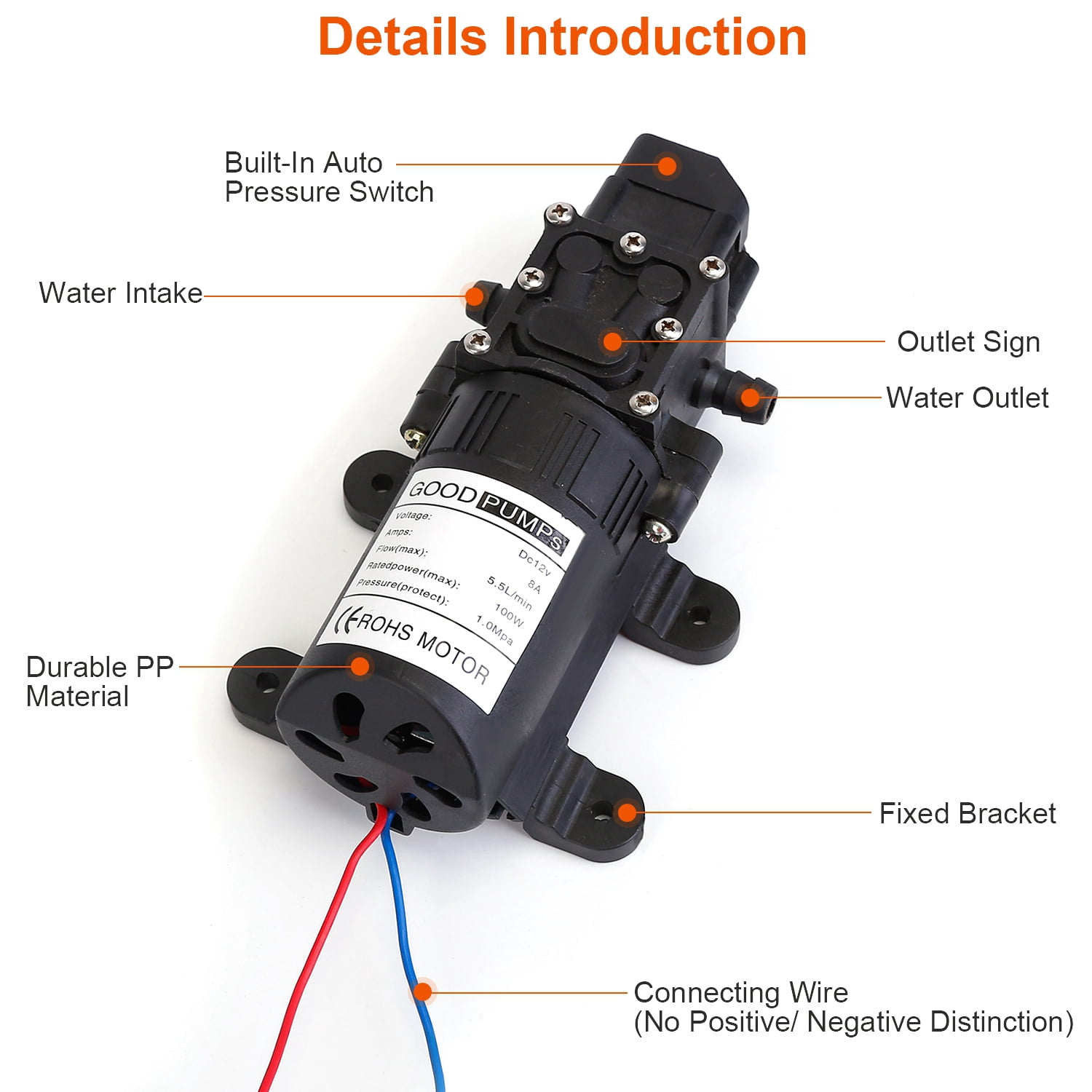 12V 100W Electric Diaphragm Water Pump w/ 2 Hose Clamps  123PSI Self Priming Sprayer Pump
