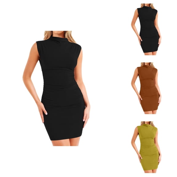 Evening Dresses for Women Midi Dresses for Women 2026 Women Summer Mini Dress Bodycon Ruched Neck Sleeveless Work formal Party Wedding Guest Dress