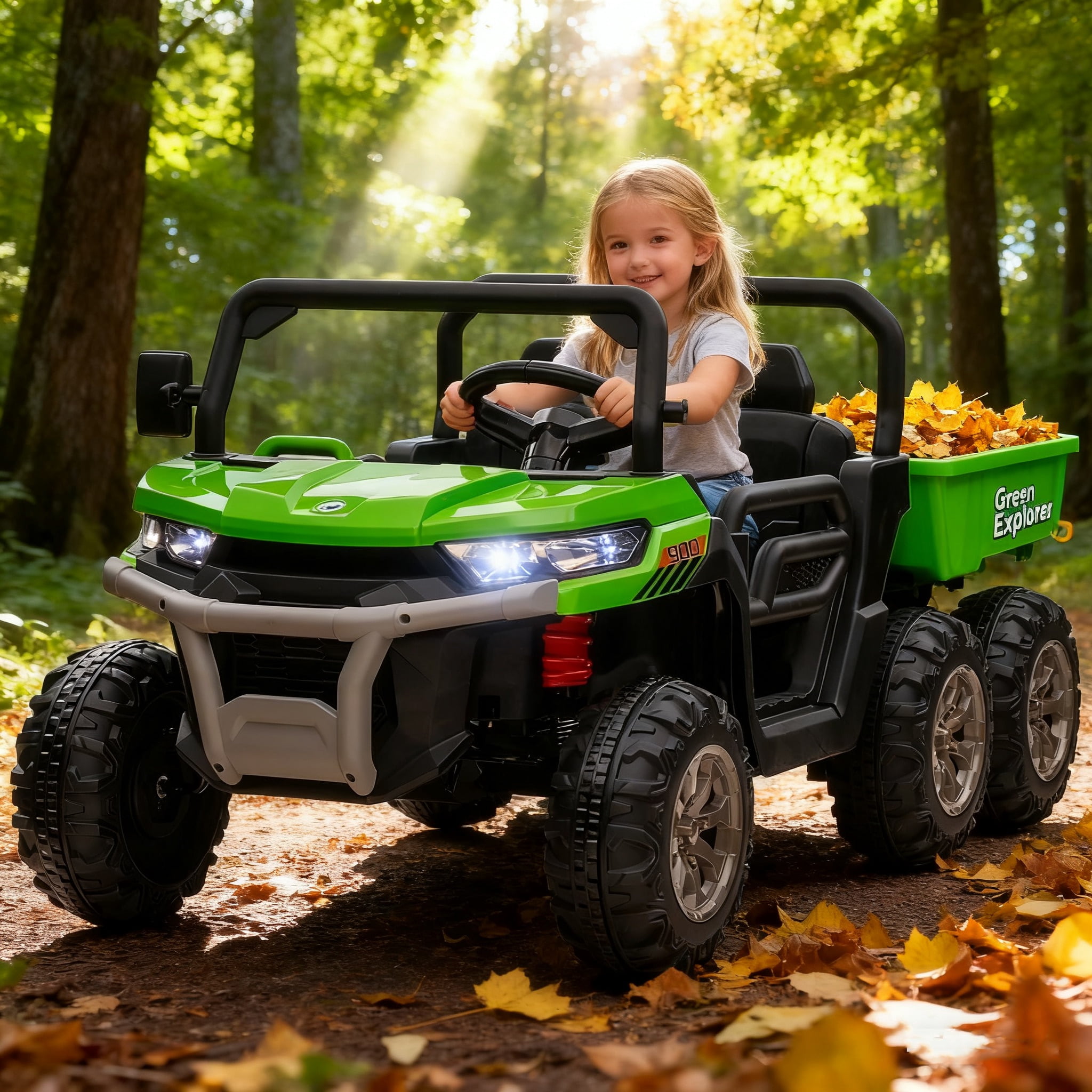 Jorfly 4WD 24V Ride-On Truck with Dump Bed&nbsp;– Power Car Wheels 2-Seater 800W Powered UTV with Remote Control, Bluetooth & LED Lights (Green)