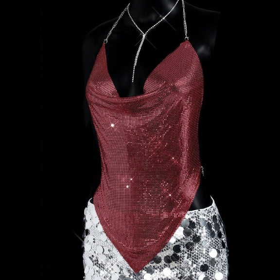 Chbgutlmr Going out Tank Tops for Women Sparkly Cowl Neck Halter Neck Backless Tops Casual Summer Cute Party Nightclub Tops