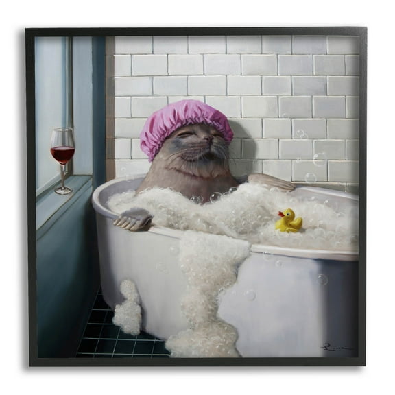 Relaxing Seal Bathtub Wine Glass Animals & Insects Graphic Art Black Framed Art Print Wall Art