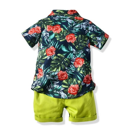 

NECHOLOGY Toddler Kids Baby Boys Floral Short Sleeve Button Down Shirt Casual Shorts Pants Set Summer Outfit for Toddler Girls 4t Childrenscostume Green 3-4 Years