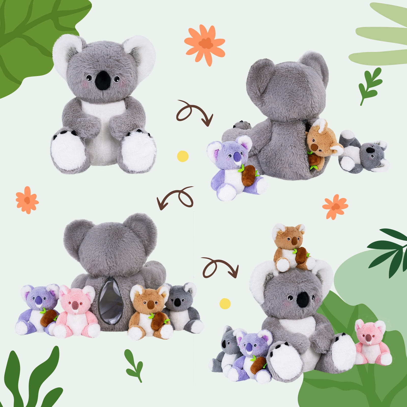 OUOZZZ 5Pcs Koala Stuffed Animal, 12" Koala Plush with 4 Babies inside, Koala Soft Plush Pillow Toys