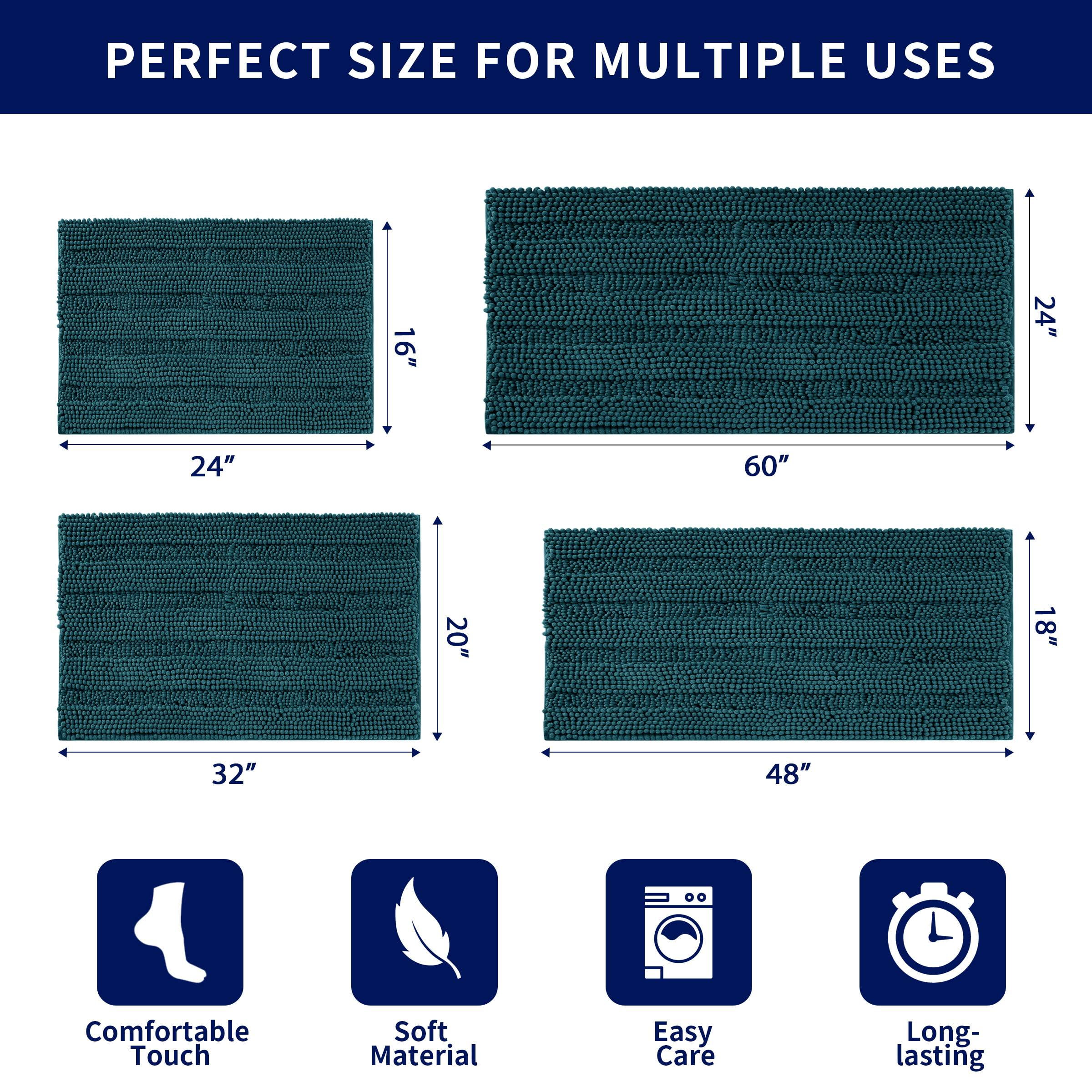 Subrtex Bathroom Rugs Non-Slip Chenille Soft Striped Plush Bath Mat (Blue, 16"x24"+20"x32")