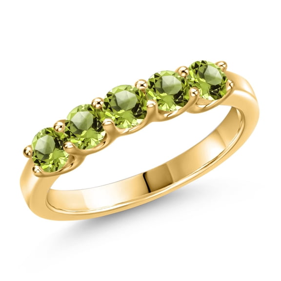 Gem Stone King 18K Yellow Gold Plated Silver Green Peridot Wedding-Bands Ring for Women | 1.04 Cttw | Round 3.5MM | Gemstone August Birthstone | Size 9
