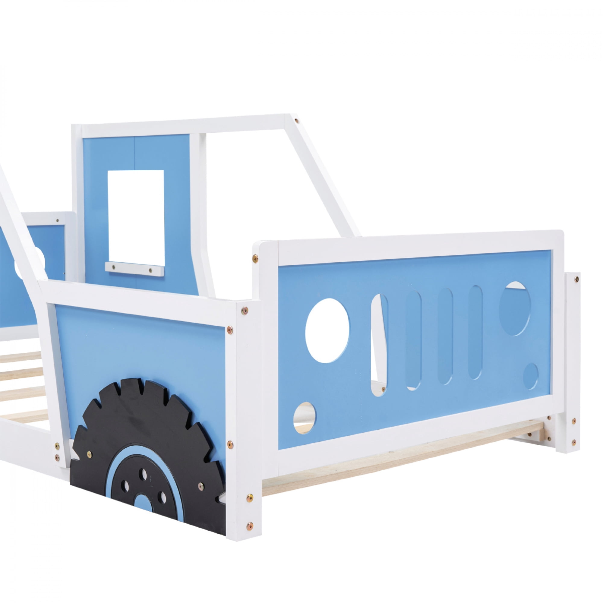Twin Size Classic Car-Shaped Platform Bed with Wheels for Kids, Wooden Bed Frame for Bedroom, No Box Spring Needed,Blue