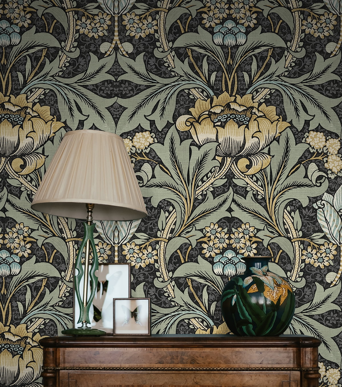 NextWall Charcoal & Goldenrod Acanthus Floral Peel and Stick Wallpaper