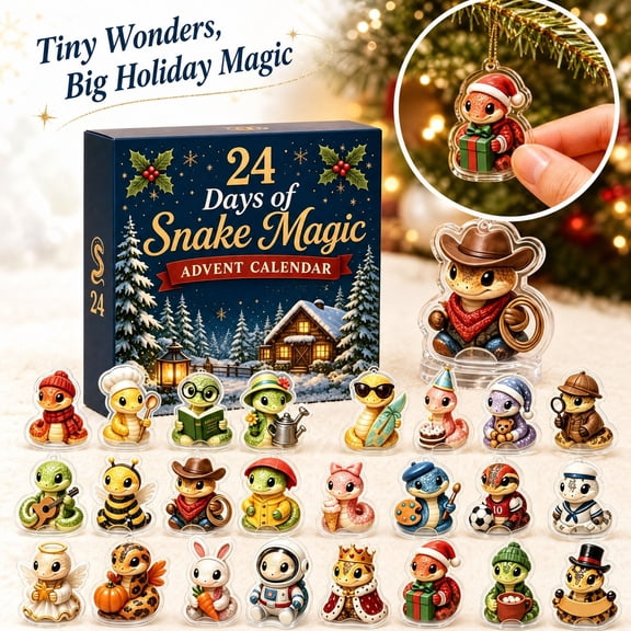 24-Day Magic Snake Advent Calendar , Christmas Countdown Calendar with 24 Pieces 2D Acrylic Cute Ornament, Christmas Tree Decorations for Xmas , Holiday Decor Gift