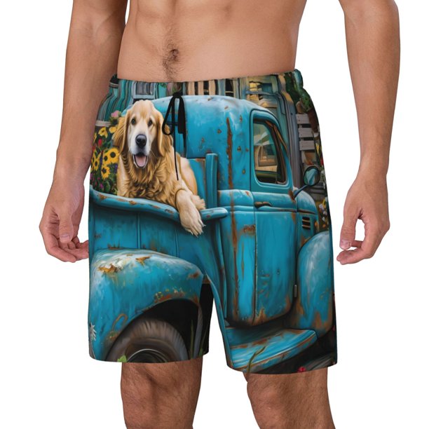 Fotbe Vintage Pickup Sunflower Dog Traje de Baño para Hombre – Shorts de Natación de Secado Rápido con Forro y Bolsillos-Small