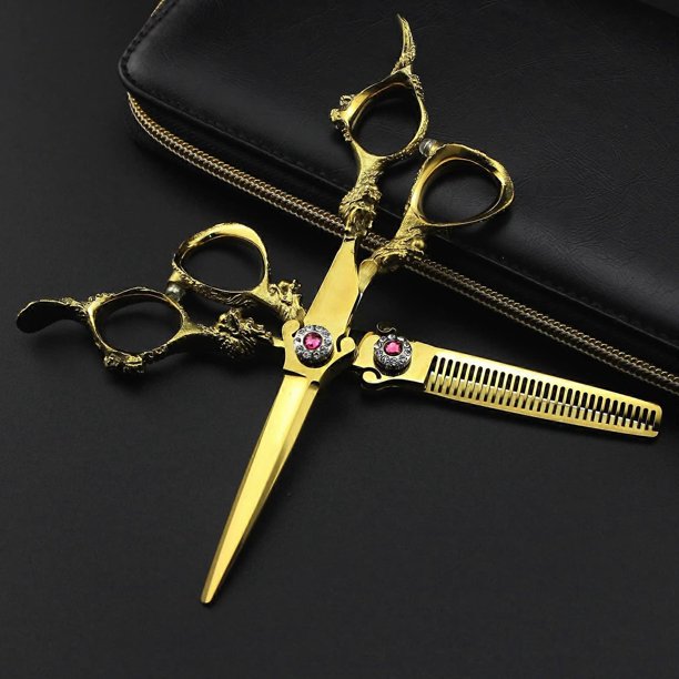 Juego de tijeras profesionales para cortar el cabello de 6 pulgadas, tijeras de barbero japonesas 440C con mango de dragón dorado.
