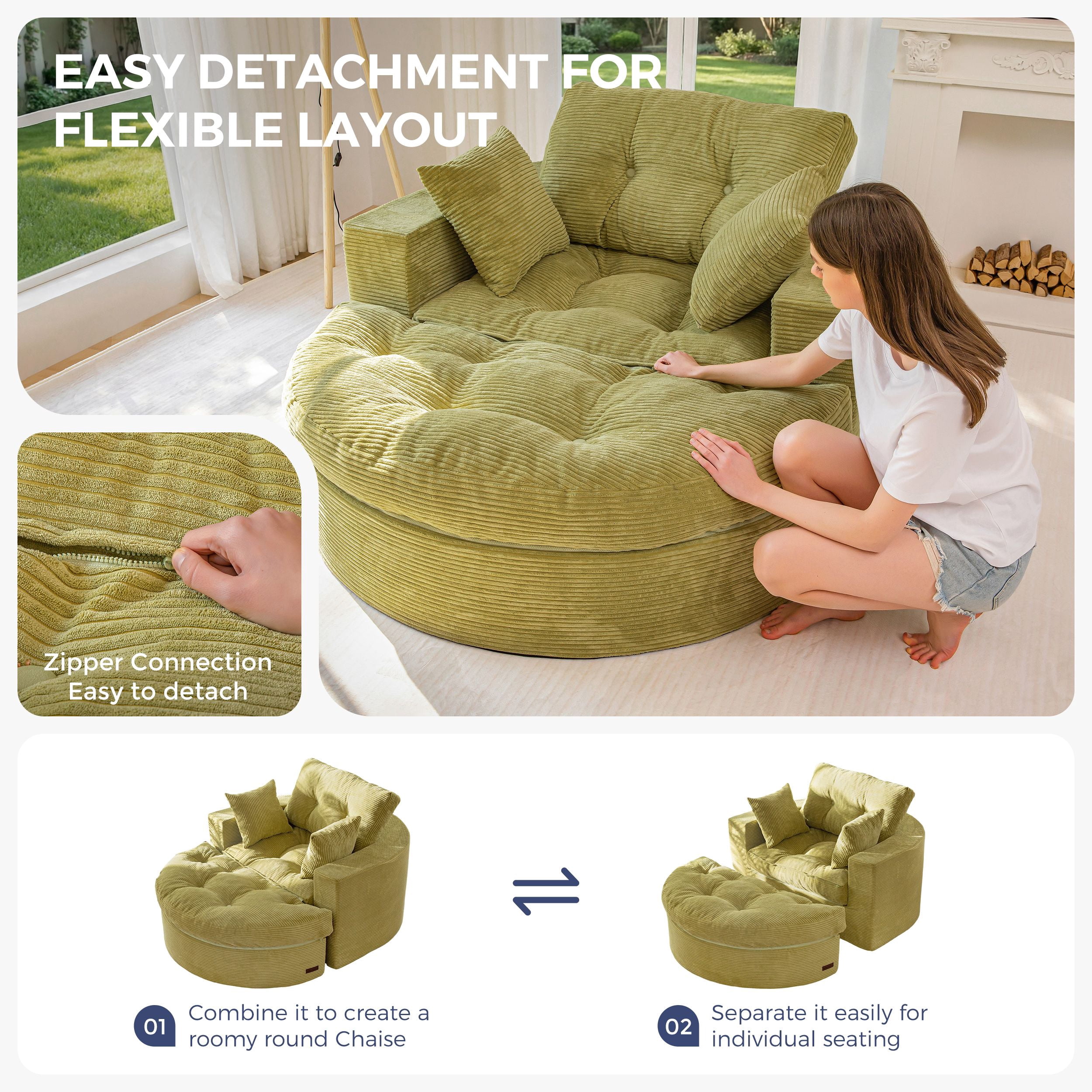 BYBYME 49''Round Chaise Lounge Chair,Corduroy Sofa Bed With Deep Seat,Upholstered Boneless Chaise Indoor,Cozy Sleeper Couch for Living Room with Ottoman,Green