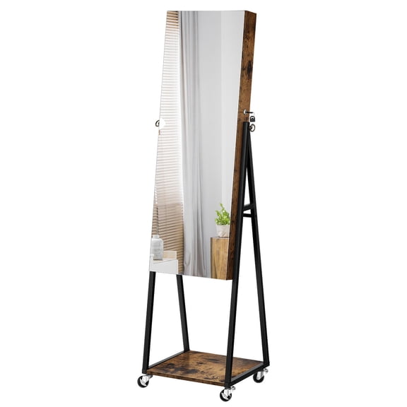 Freestanding Jewelry Armoire with Full Length Mirror, Lockable Cosmetic Organizer Cabinet with Wheels, Rustic Brown, Ideal for Small Bedrooms