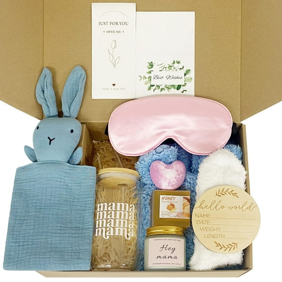 11-Piece New Mom Gifts & Baby Shower Gifts for Girls, New Mom Gift Basket After Birth, Pregnancy Gifts for First-Time Moms, Expecting Mom - New Mom Care Package After Baby(Blue Bunny)
