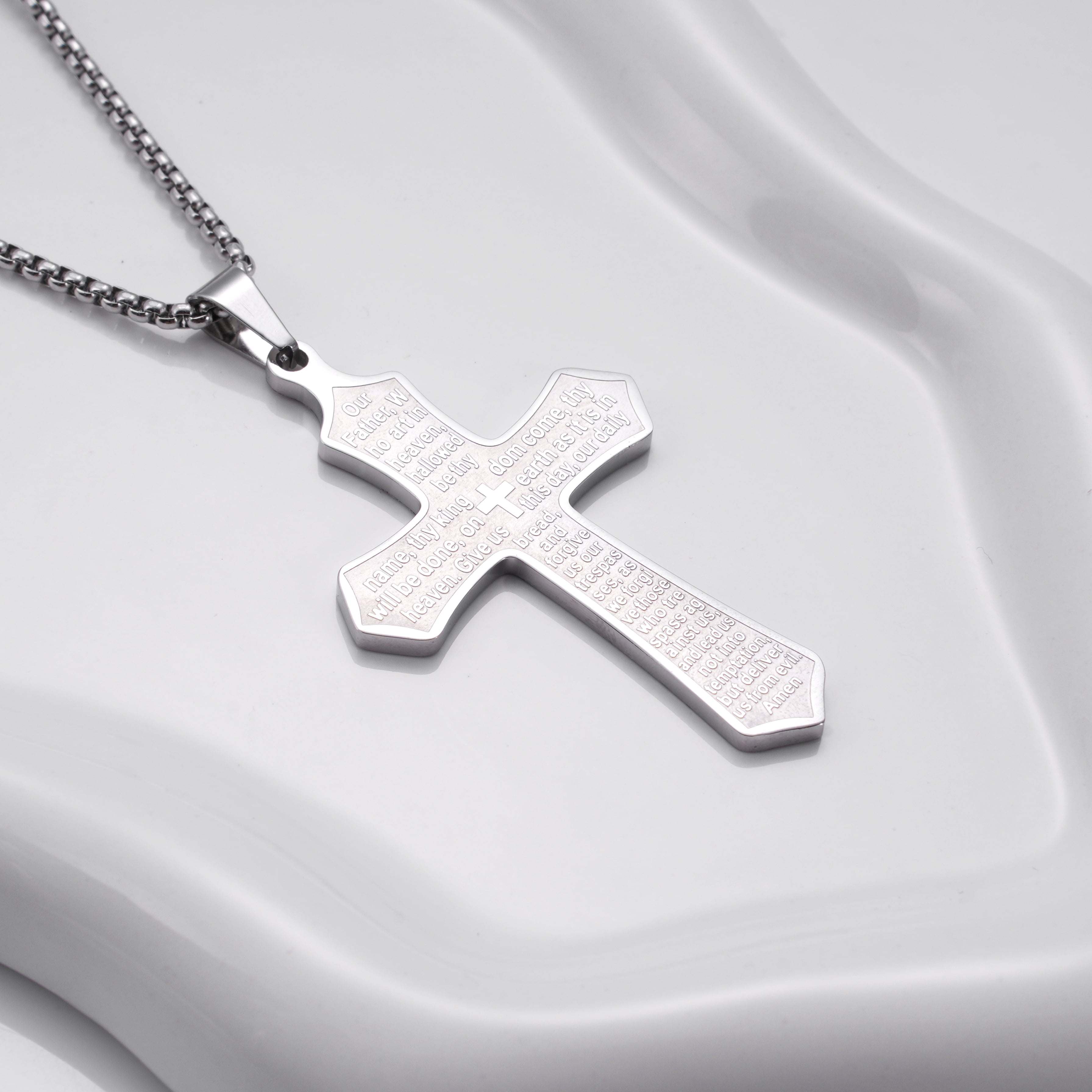 Iron Saints Men Lord's Prayer Cross Necklace, Stainless Steel, Christian Religious Men Gift