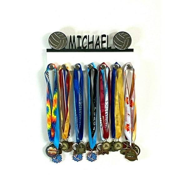 Custom Personalized Name Volleyball Team Player Sports Medal Holder, Awards Display Organizer Hanger Rack with Hooks for 60  Medals, Ribbons, Sports Of A Kind Made To Order With Your Name On It.