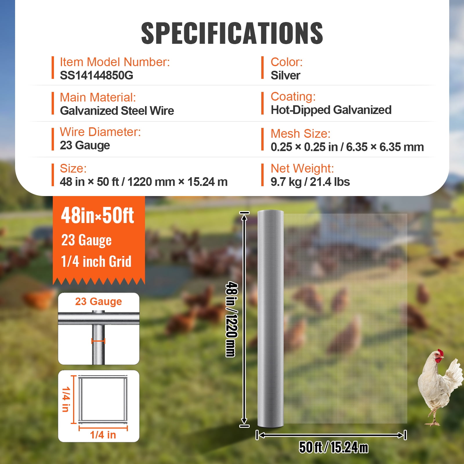 KFFKFF Hardware Mesh, 1/4 inch 48in x 50 ft 23 Gauge, Hot Dipped Galvanized Wire Roll, Suitable for Chicken Coops, Rabbit Enclosures, Garden Protection, and Small Animal Barriers