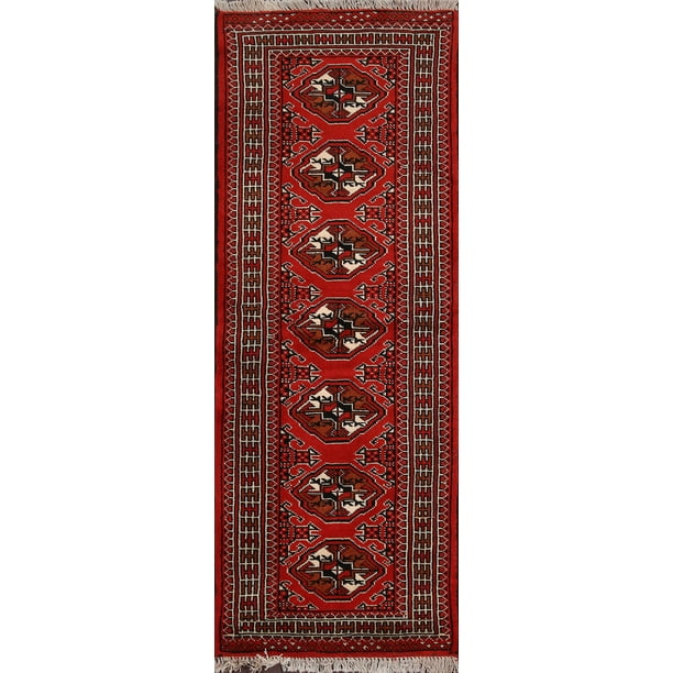 Geometric Red Bokhara Oriental Narrow Hallway Runner Rug HandKnotted 2x6