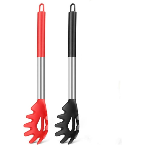 2 Packs Silicone Pasta Fork, Kitchen Heat Resistant Noodle Spoon Server, BPA Free Spaghetti Strainer,Best Cooking Tools (Black -Red)