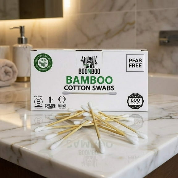 BOONBOO Cotton Swabs | 600 Count Bamboo Cotton Buds | Plastic-Free Plant-Based Wrap | Biodegradable & Sustainable