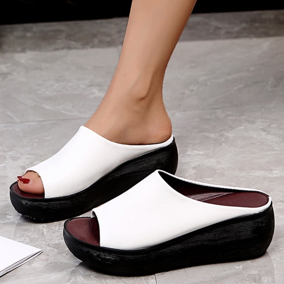 NOKIO Orthopedic Sandals 2024 Summer Comfortable Leather Wedges Slides Dressy Platform Heel Arch Support Slip Sandals Womens Casual Shoes Breathable Wedges Thick Soled Outdoor Leisure Slippers