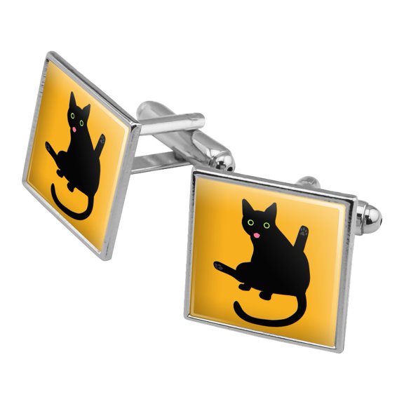 Black Cat Lifting Leg and Licking Square Cufflink Set - Silver or Gold