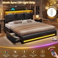 thumbnail image 5 of King Bed Frames with Storage Headboard & 4 Drawers, LED King Bed Frame with Charging Station, Leather Upholstered Platform Bed Frame with Curved Lines, No Box Spring Needed, Black, 5 of 9