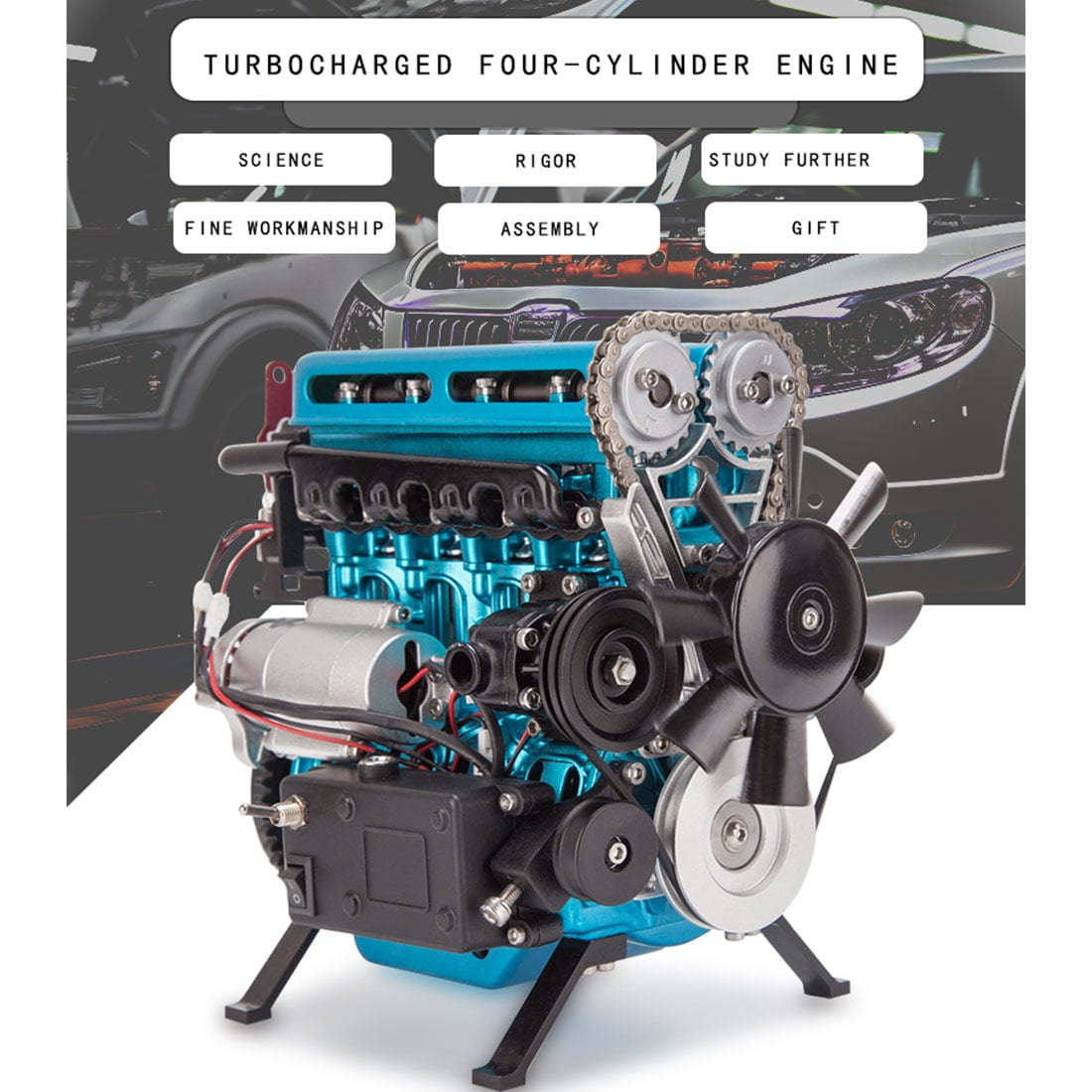 ENGINEDIY L4 Engine Model Kit that Runs, 3D Metal Turbocharged Inline-Four Car Engine Mechanical Engineering DIY Assembly Engine Model with Cooling System (364+PCS)