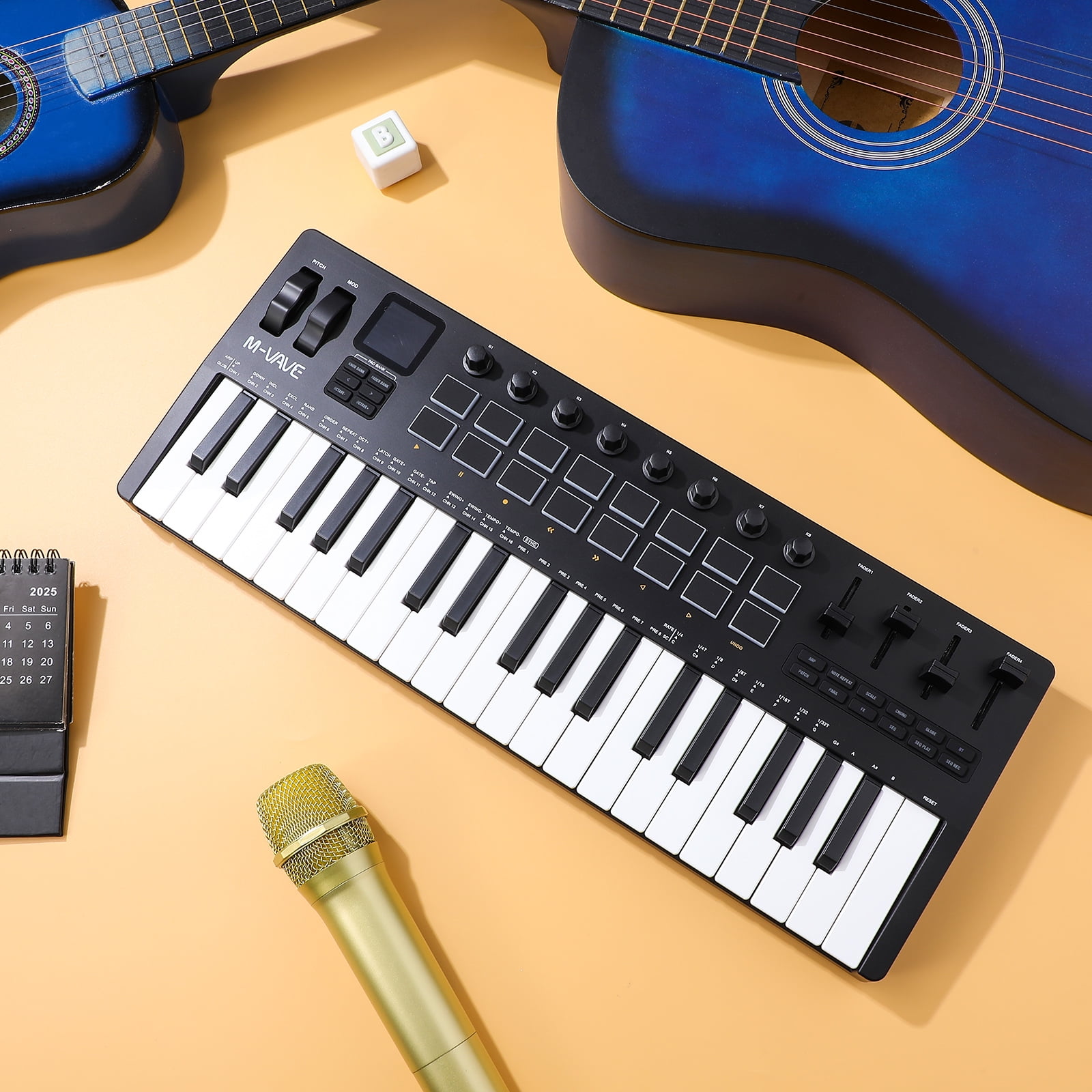 37Key USB MIDI Keyboard Controller With 8 Backlit Drum Pads, Professional dynamic keybed and Music Production,Software