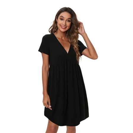 

WBQ Nightgown Womens Sleepshirt Soft Sleepwear Pleated Nightshirt Comfy Sleep Dress Short Sleeve Flare Nightdress