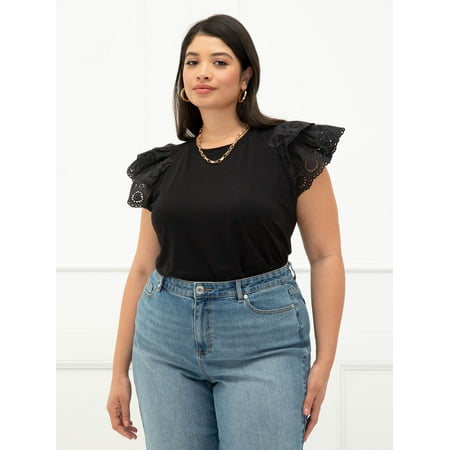 ELOQUII Elements Women's Plus Size Eyelet Sleeve T-Shirt